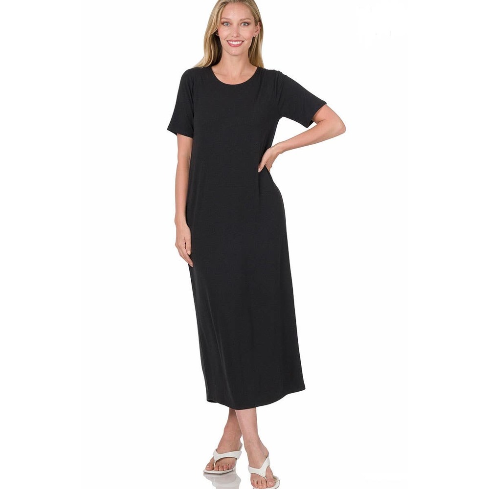 ZENANA WOMEN'S PLUS T SHIRT SHORT SLEEVE ROUND NECK MAXI DRESS BLACK